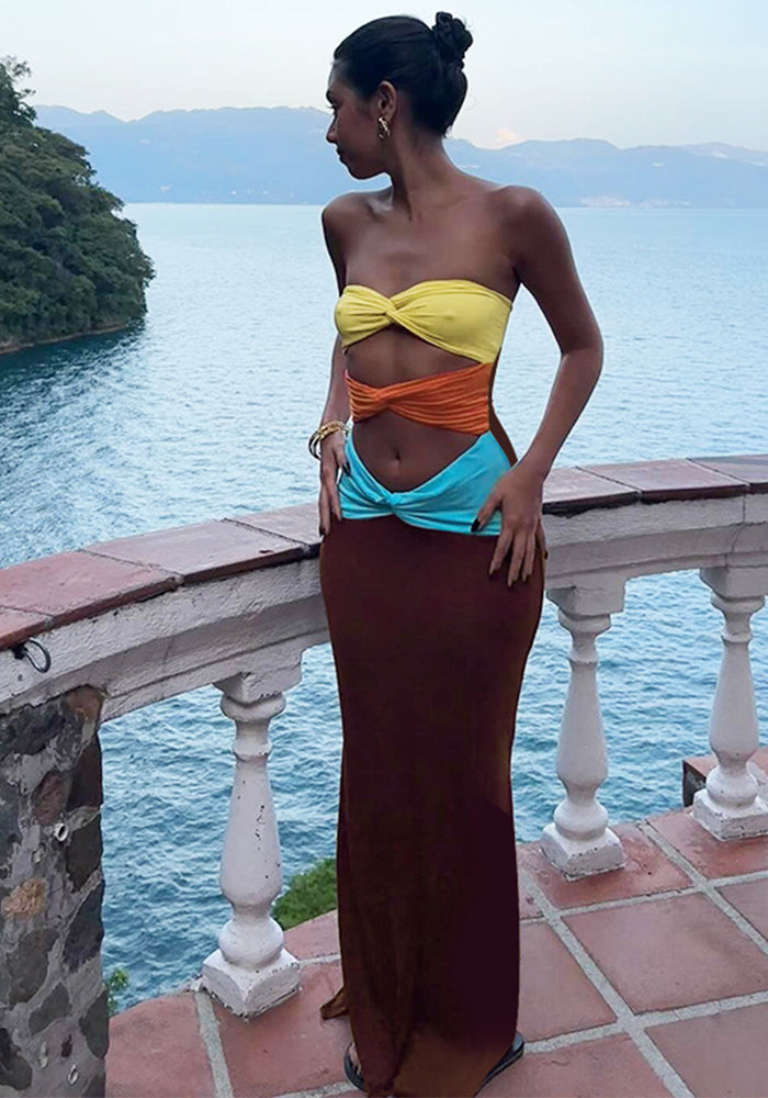 Women Contrast Strapless Hollow Sexy Dress