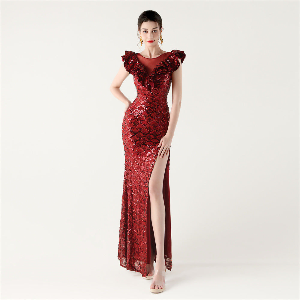 Sequined Ruffled Shoulder Sleeve Fishtail Slim Evening Dress for Formal Parties 11