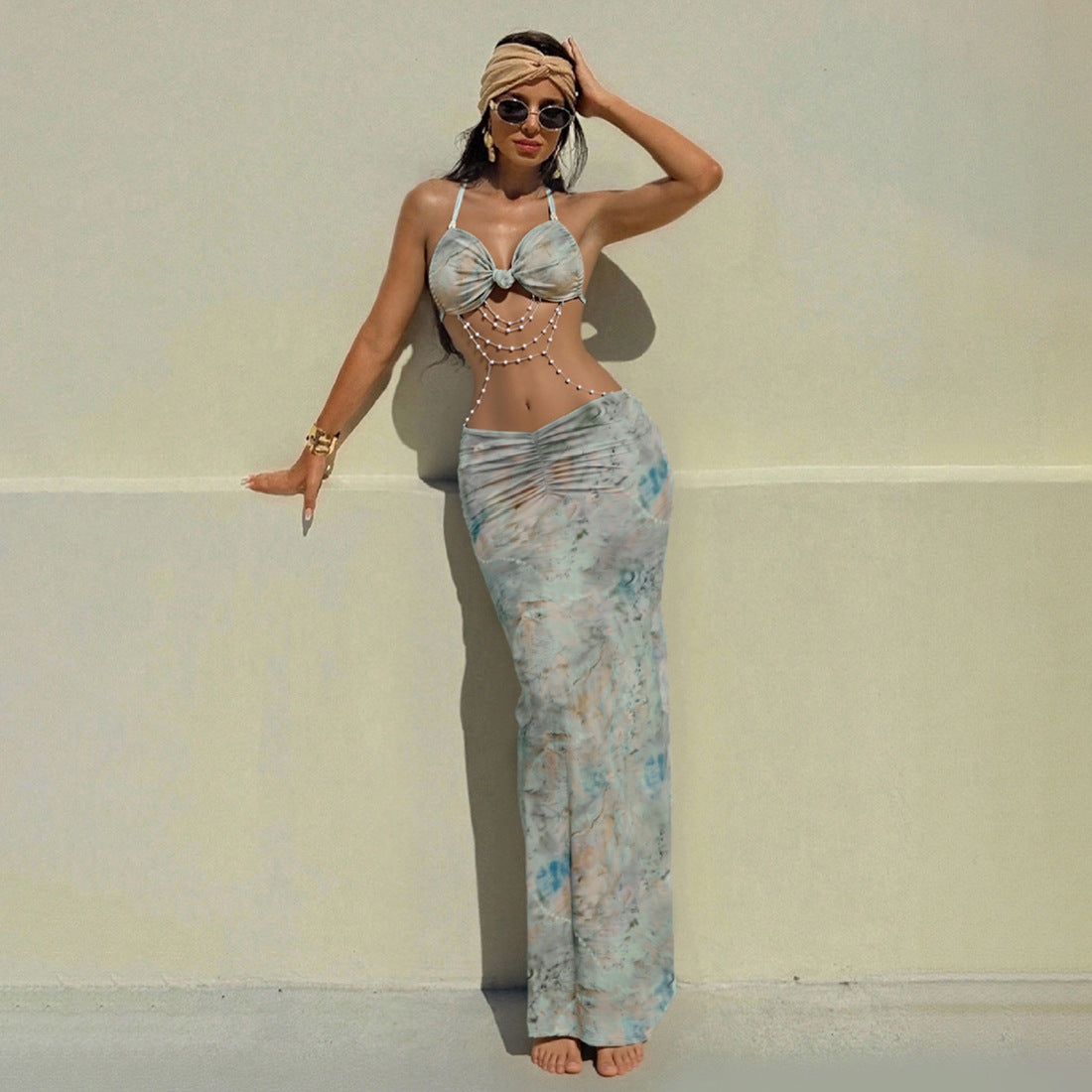 Women's Spring Halter Neck Tie Beaded Chain Slim Low Back Sexy Dress