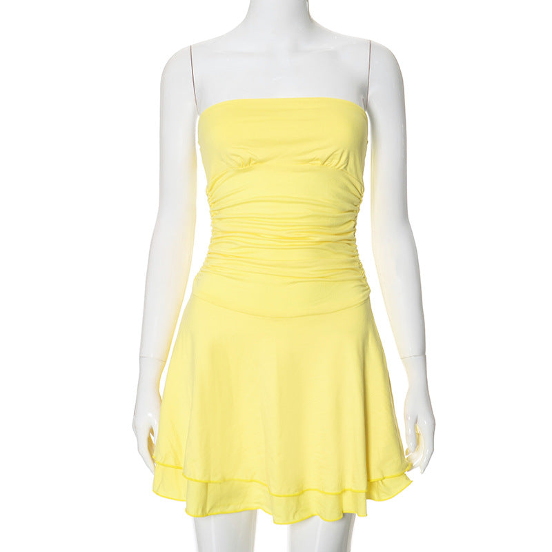 Women Pleated Skirt Solid Strapless Dress 18