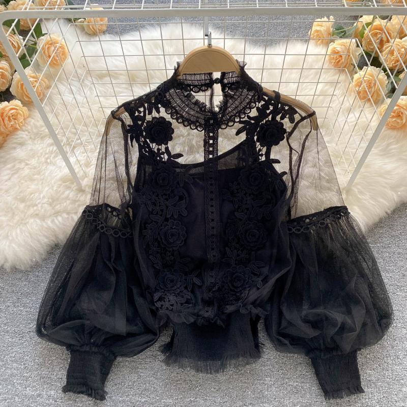 Women Flowers See-Through Mesh Lantern Sleeves lace crop Top 9