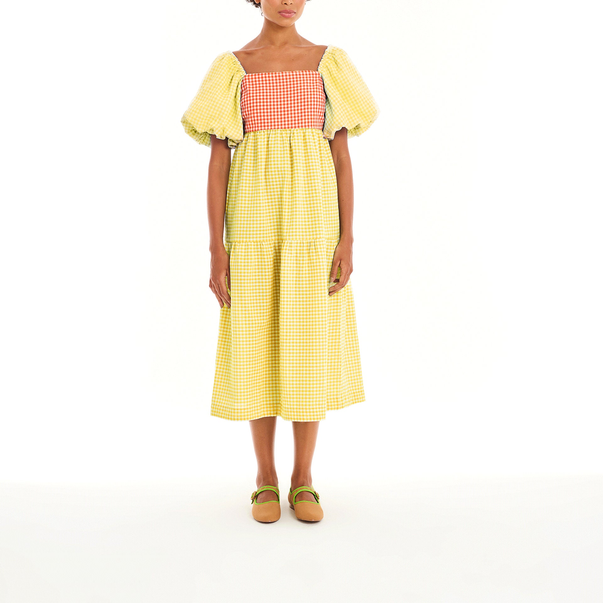 Women Color Block Backless Strappy Balloon Sleeve Dress 12