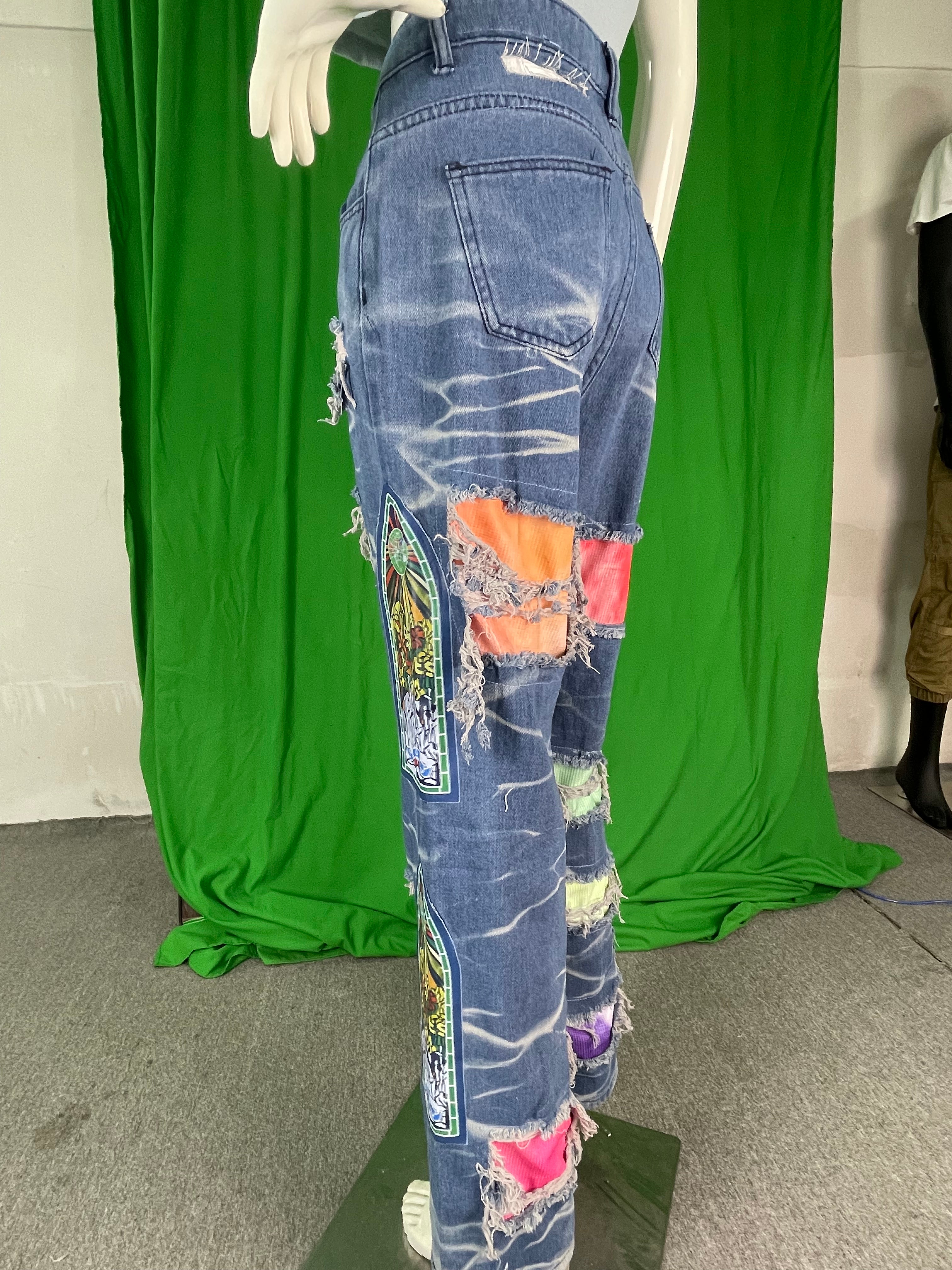 Women Printed Ripped Casual Denim Pants 6