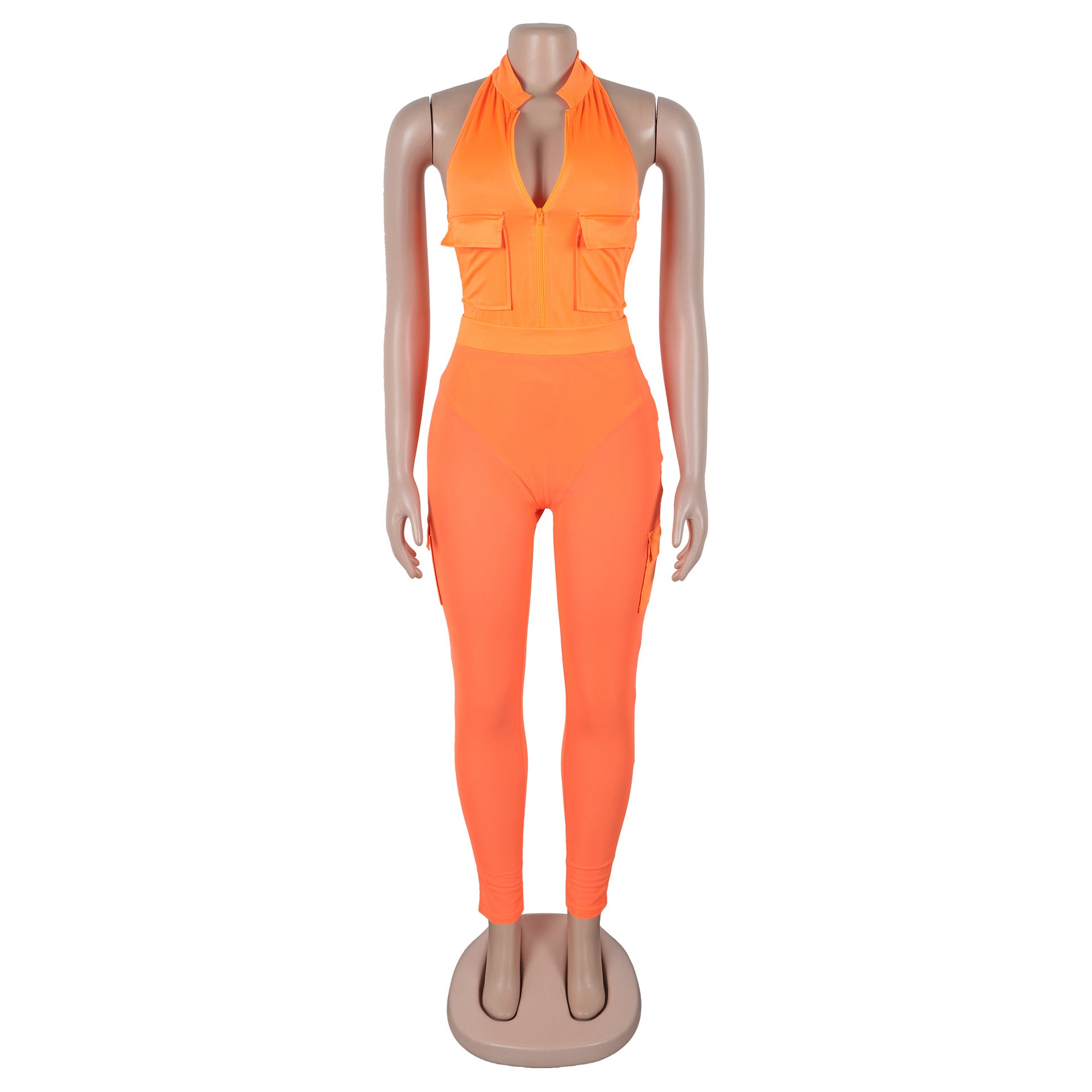 Summer Deep V-Neck Sleeveless Tight-Fitting Bodysuit Pocket Mesh Pants Set 28