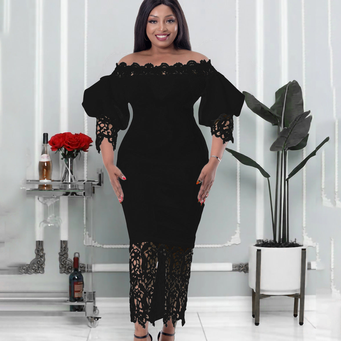 Off Shoulder Off Shoulder Bodycon Lace Patchwork Balloon Sleeve Gown Dress 6