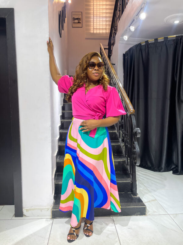 Women Sexy Contrast Print V-Neck Lace-Up Top and Skirt Two-piece Set 3