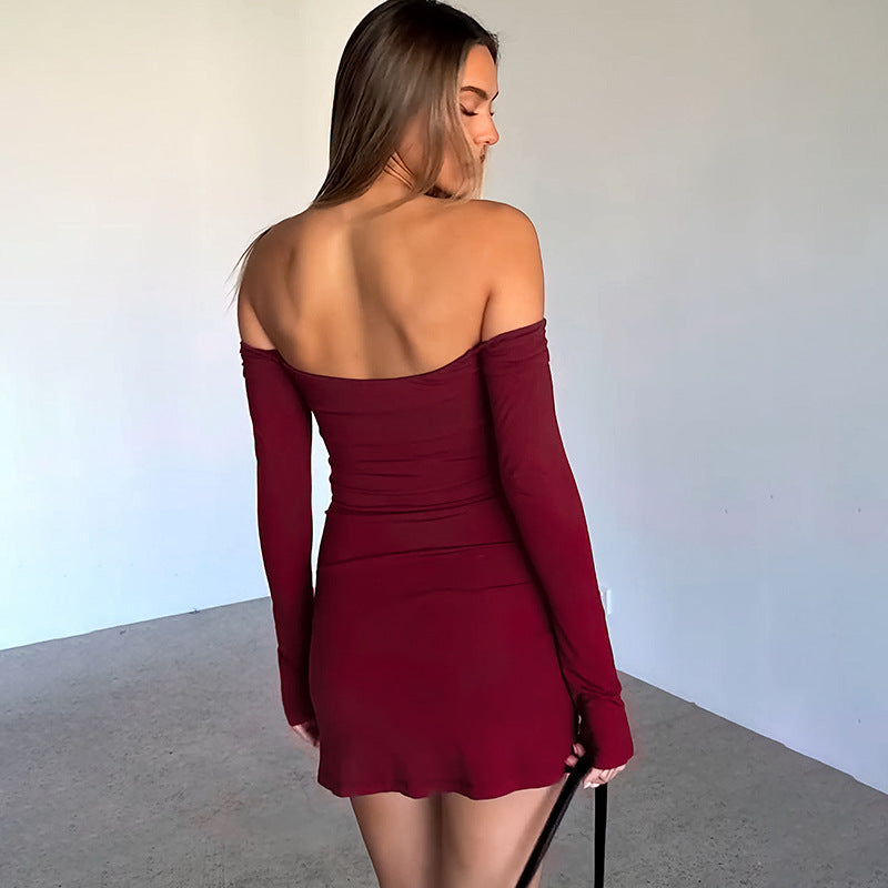 Spring Sexy Off Shoulder Low Back Long Sleeve Short Dress 4