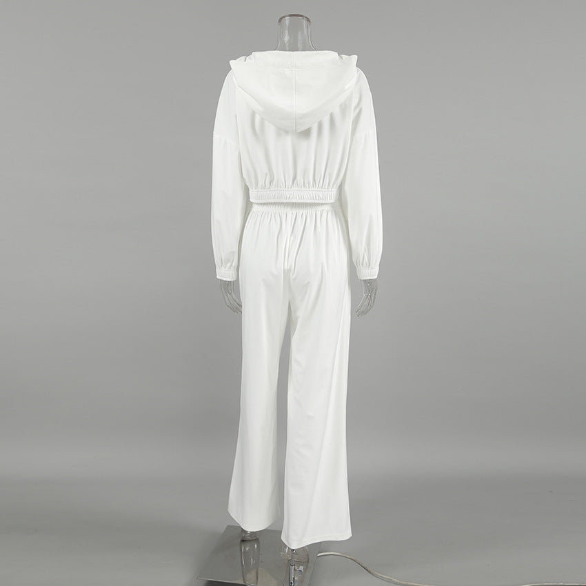 Women Autumn and Winter White Casual knitting velvet Hooded Long Sleeve Top and Pants Two Piece Set 10