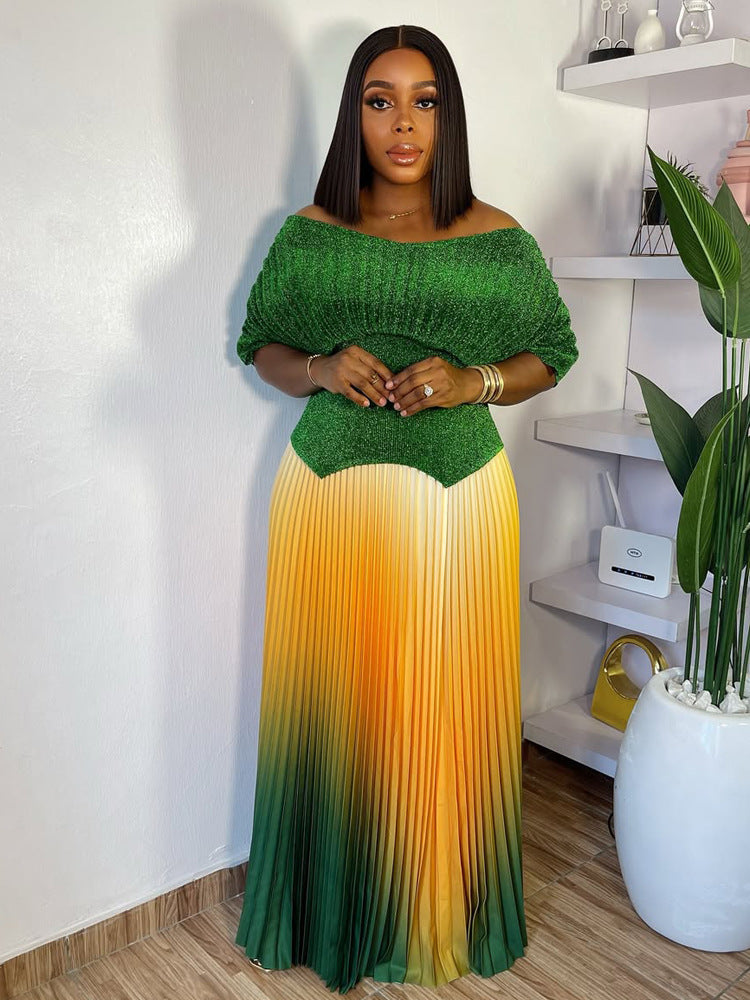 Women pleated v-neck sexy Shiny Top and gradient elegant Skirt two-piece set 3