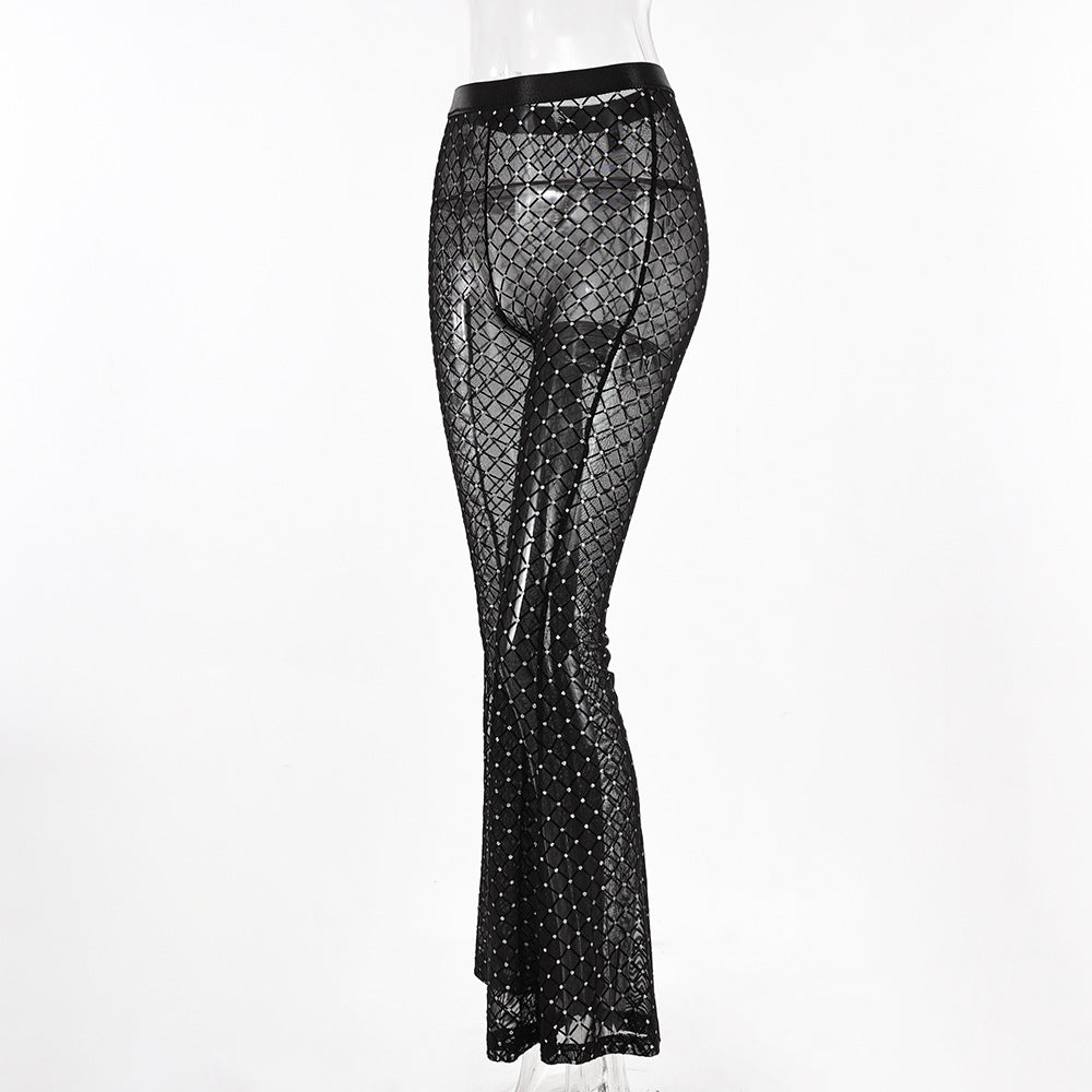 See-Through Rhinestone Mesh Sexy Trousers Women Nightclub High Waist Flared Pants 9