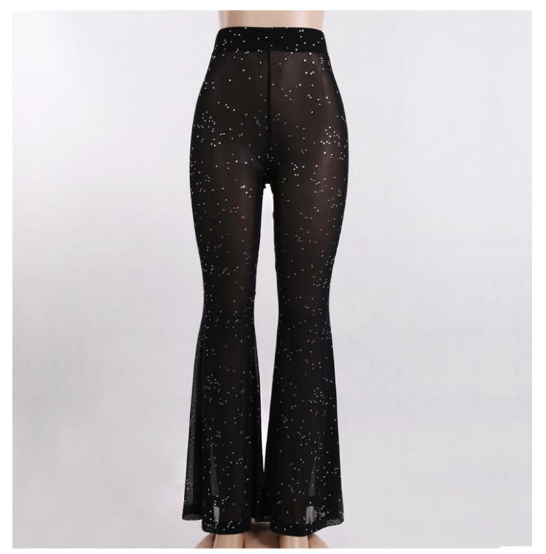Women's Sexy Beaded See-Through Mesh Wide Leg Pants 11