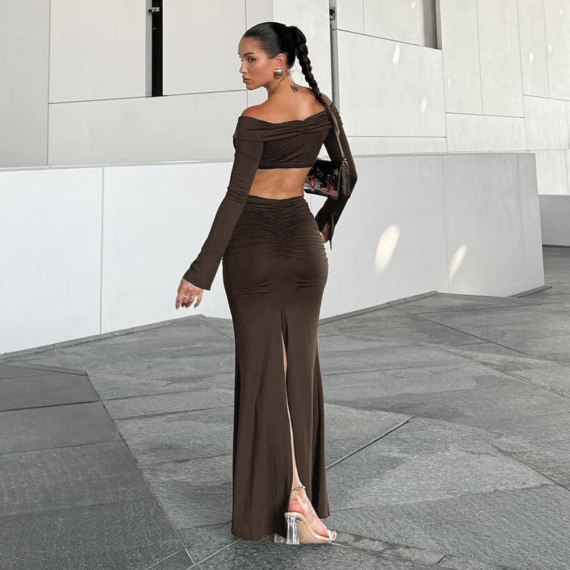 Women Long Sleeve Gathered Slit Bodycon Skirt
