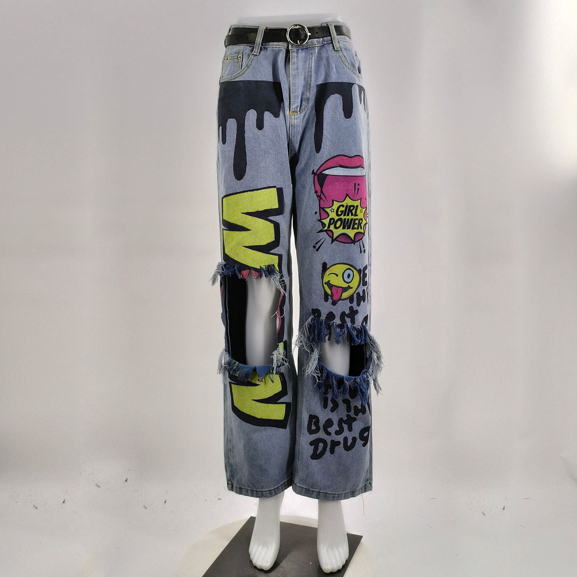 Women Ripped Print Crago Denim Pants 9