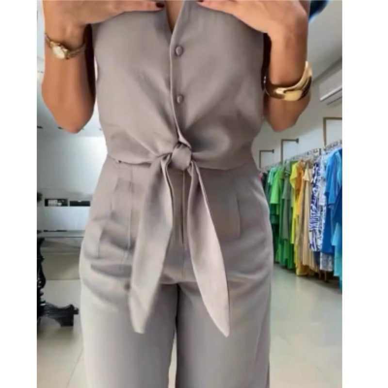 Women's Fashion Chic Sleeveless Hollow Shirt High Waisted Wide Leg Pants Two Piece Set 5