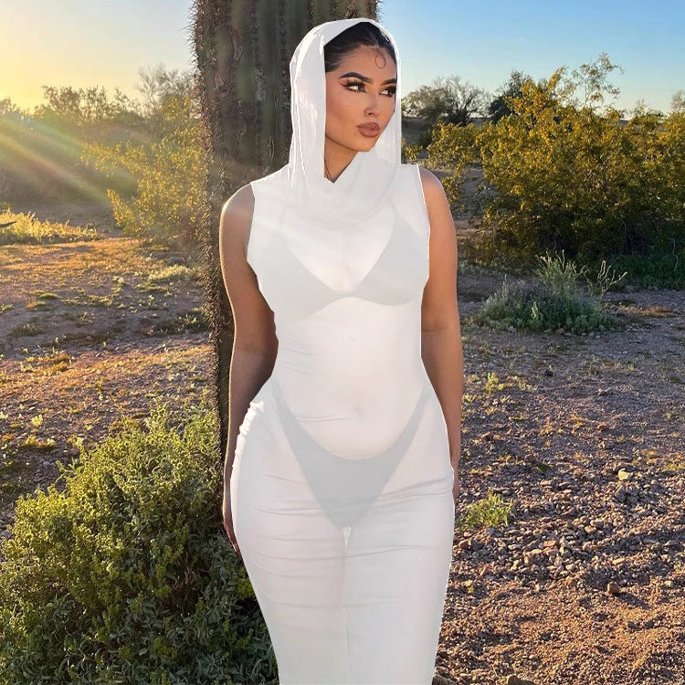 Women Casual beach fun See-Through Mesh hooded sexy Maxi Dress 8