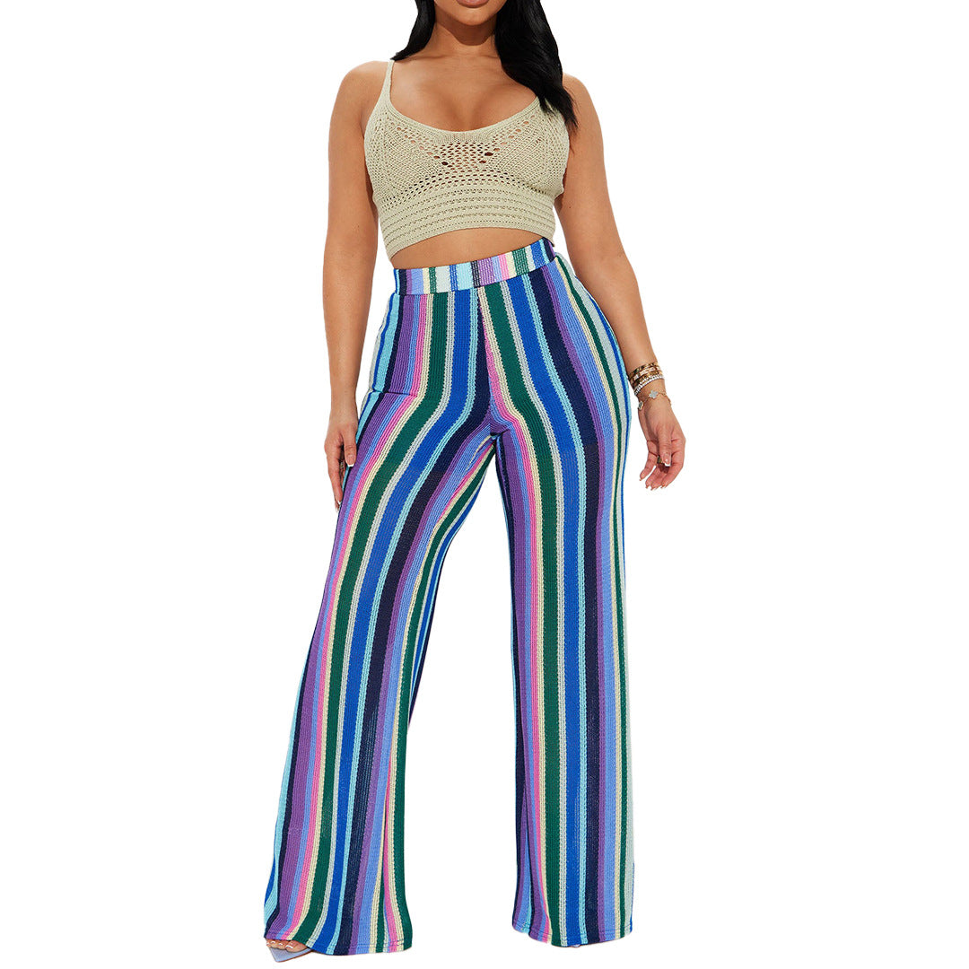 Women's clothing color strip knitting hollow jacquard zipper wide-leg pants 7