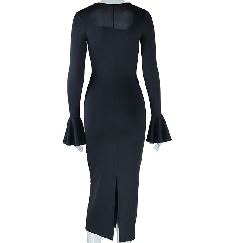 Fashionable Round Neck Solid Color Bell Bottom Sleeve Slit Slit Midi Dress 10