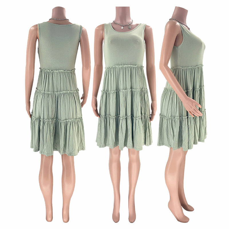 Summer Solid Round Neck Sleeveless Casual Women's Fashion Pleated Casual Dress 36