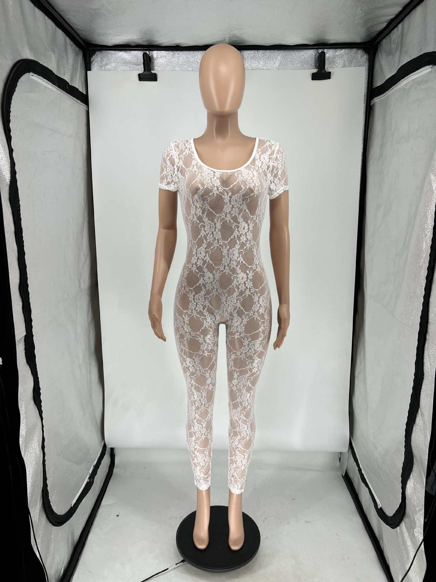 Women's Summer Lace Short Sleeve Low Back Sexy Nightclub Jumpsuit 11