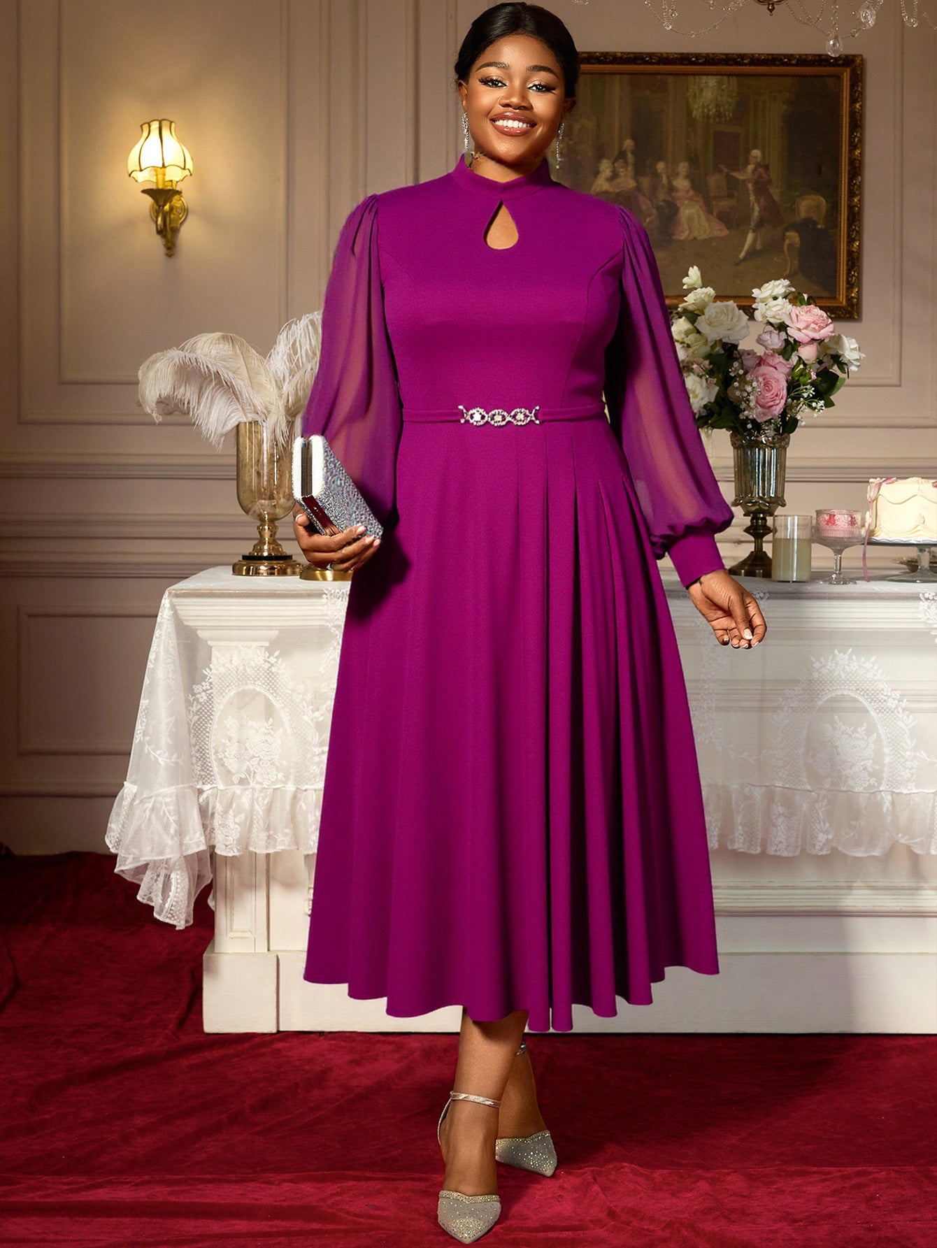 Plus Size Women's Elegant Purple Mid-Length Dress High Neck Cut-Out Design Chiffon Lantern Sleeve Rhinestone Belt Evening Gown