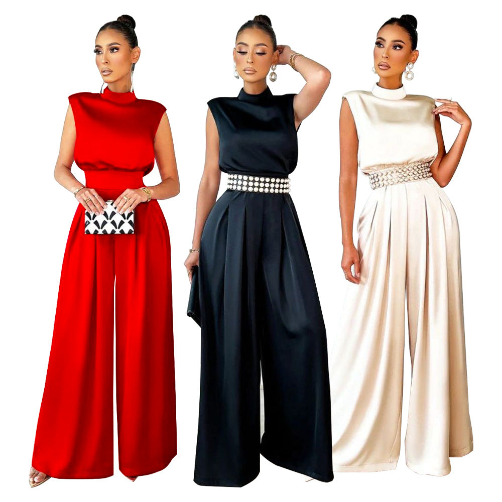 Women's Fashion Wide Leg Pants Solid Color Turtleneck Sleeveless Slim Waist Jumpsuit