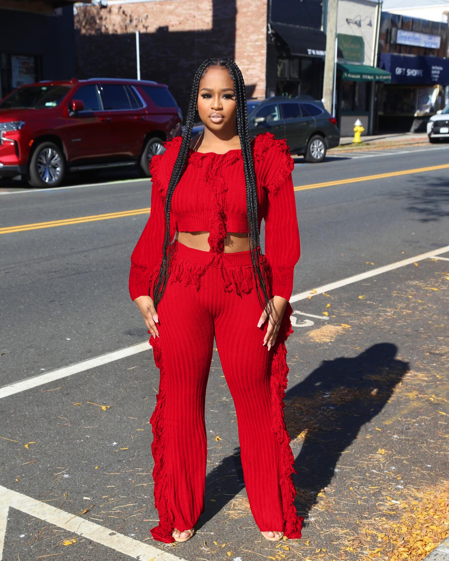 Women'S Clothing Casual Solid Color Knitting Long Sleeve Tassel Two Piec Pants Set Women'S Knitting Shirt Trousers 3