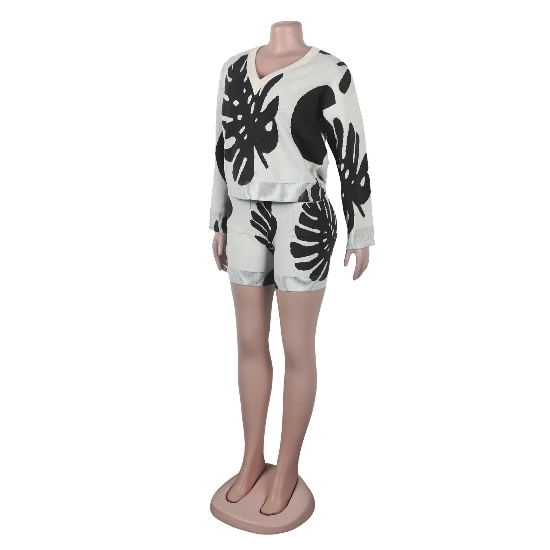 Sexy Leaf V-Neck Pullover Long-Sleeved Sweater Two-Piece Set 41