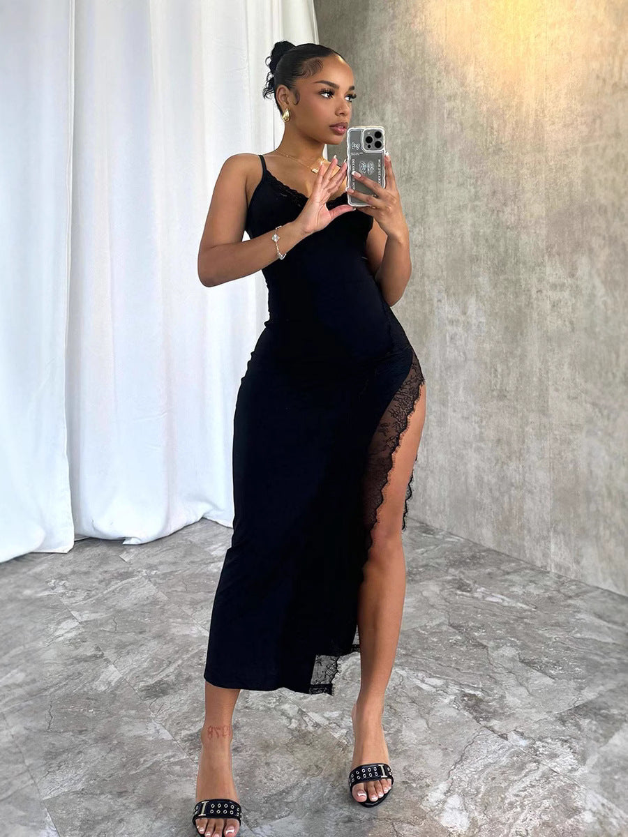 Sexy Low Back Lace Trim Patchwork Strap Long Slit Dress 4
