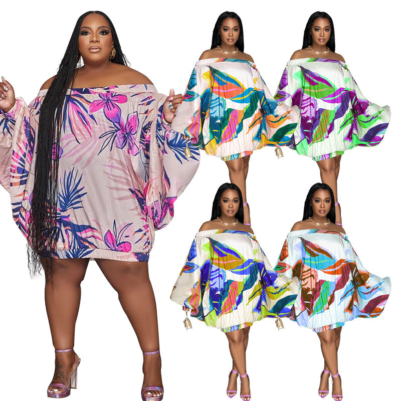 plus size off shoulder printed bat long sleeve loose dress 13