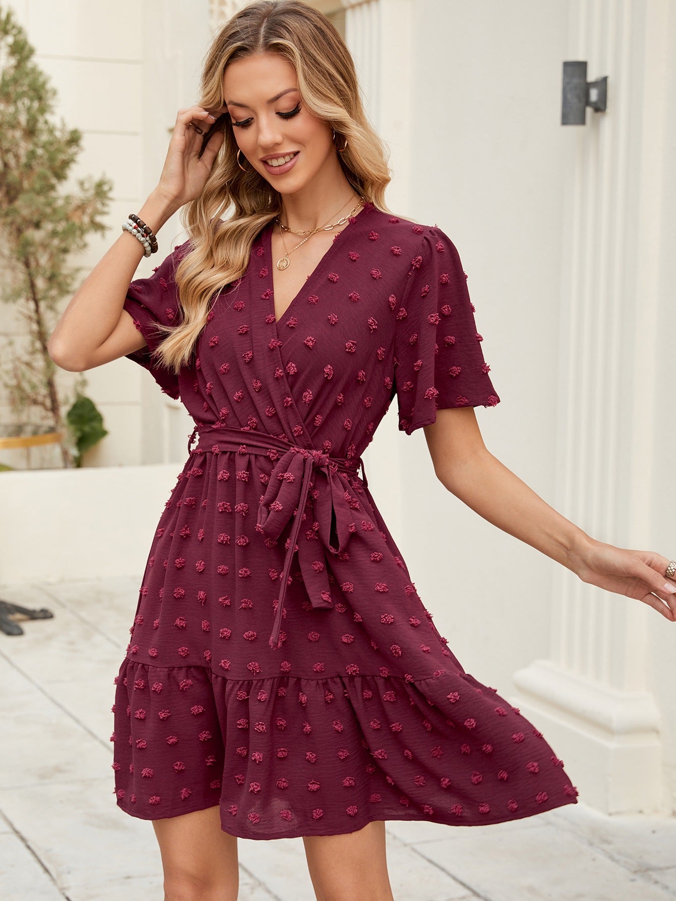 Women Ruffle Sleeve V Neck Lace-Up Dress