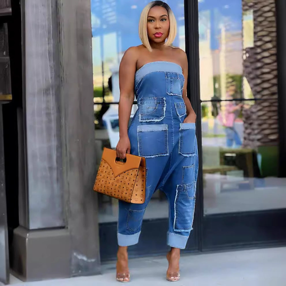 Denim Cargo Multi-Pocket Patchwork Loose Strapless Jumpsuit 5
