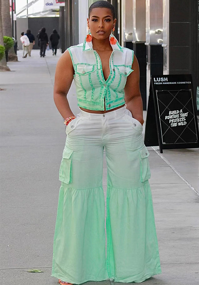 Positioning Print Multi-Pocket Bell Bottom Pants Set