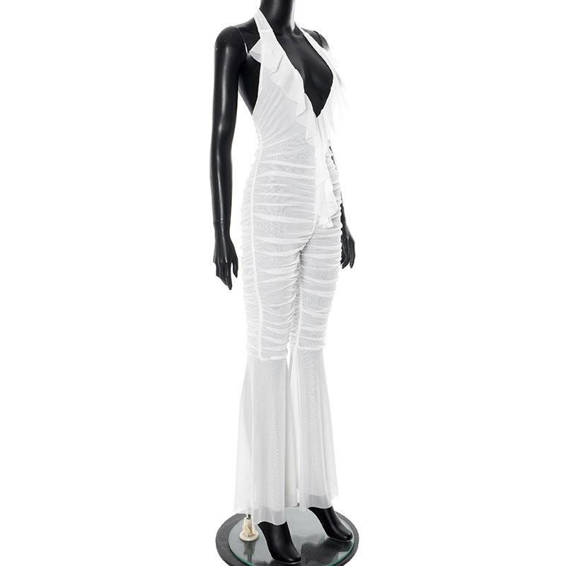 Women's Spring and Summer Deep V-Neck Halter-Neck Lace-Up Low-Back Gathered Bell-Bottom Jumpsuit 7