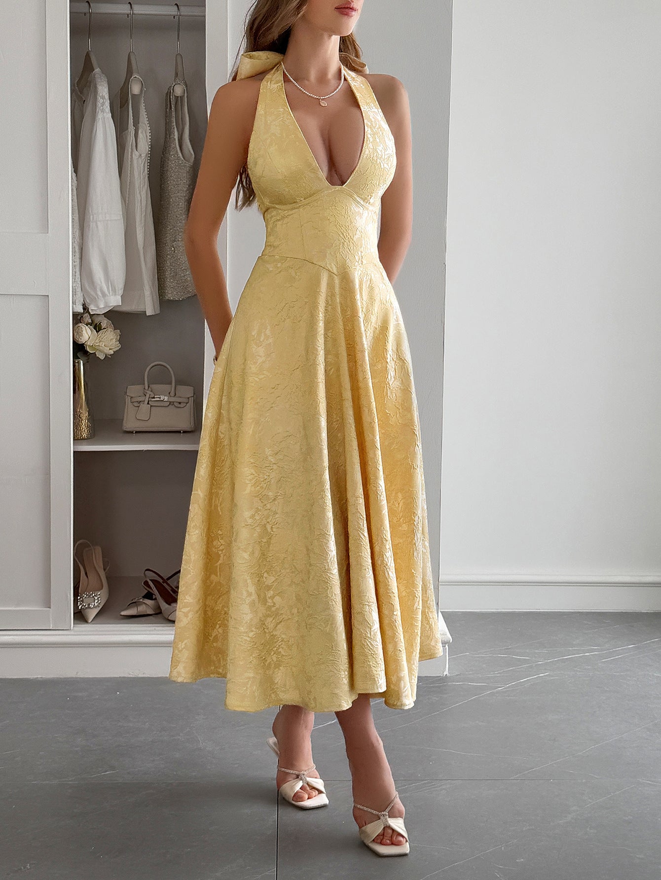 Spring/Summer Women's Holidays Halter-Neck Slim Waist Long Dress 4