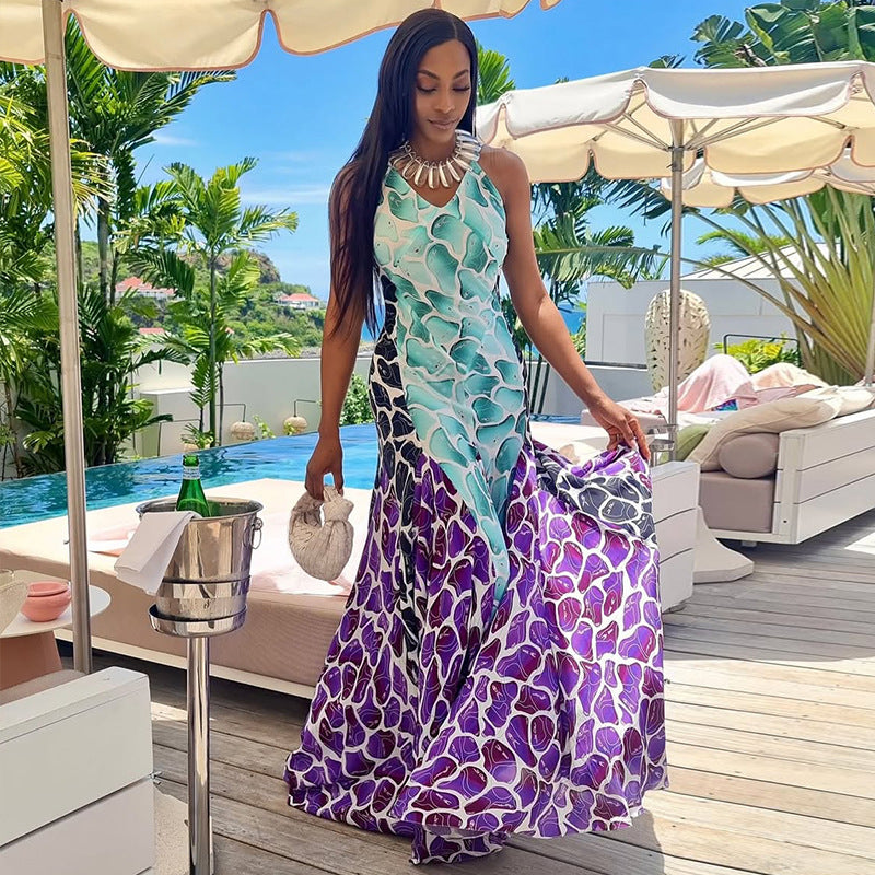 Fashion Printed Women's Patchwork Slim Waist A-Line Casual Chic V-Neck Maxi Dress 5