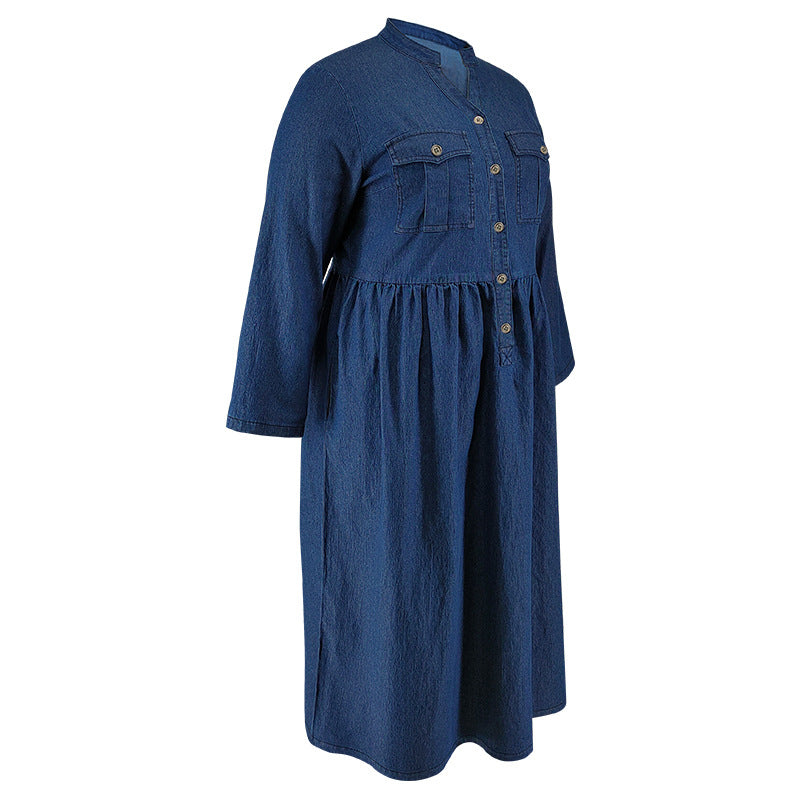 Plus Size Women's Denim Stand Collar Button Long Sleeve Long Dress 6