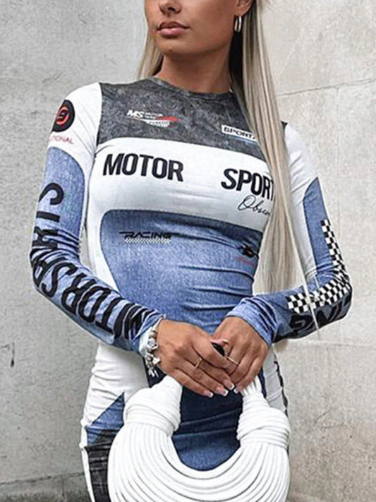 Women's Fashion Casual Sports Print Long Sleeve Round Neck Sexy Bodycon Dress