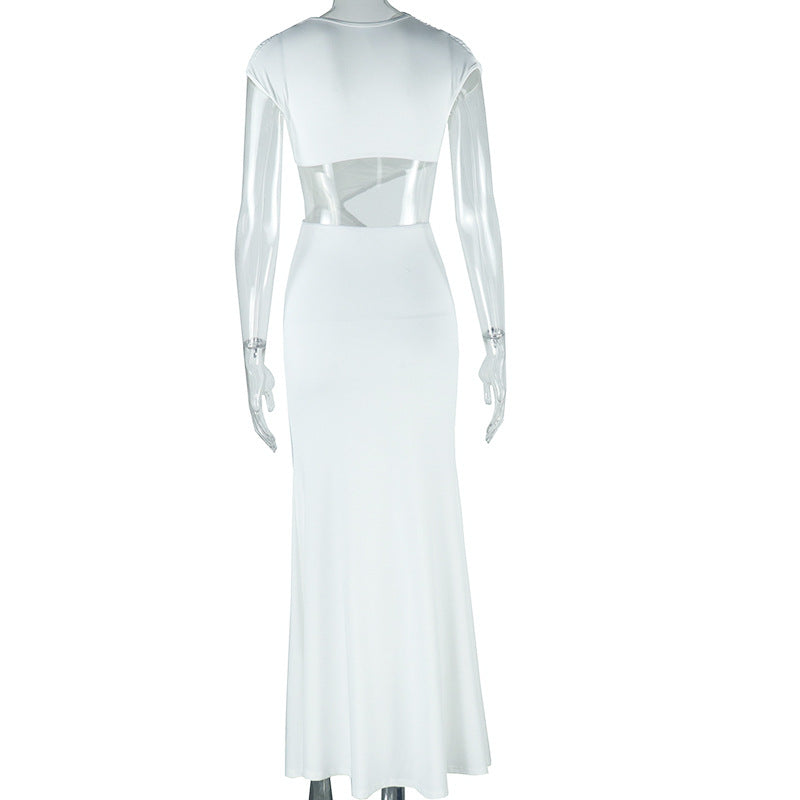 Women's Fashion Solid Color Slash Shoulder Sleeveless Ribbon Fishtail Chic Long Dress 11