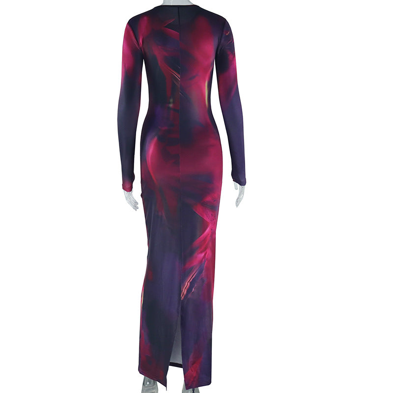 Women's Elegant Print Long Sleeve Slim Sexy Split Round Neck Long Dress 6