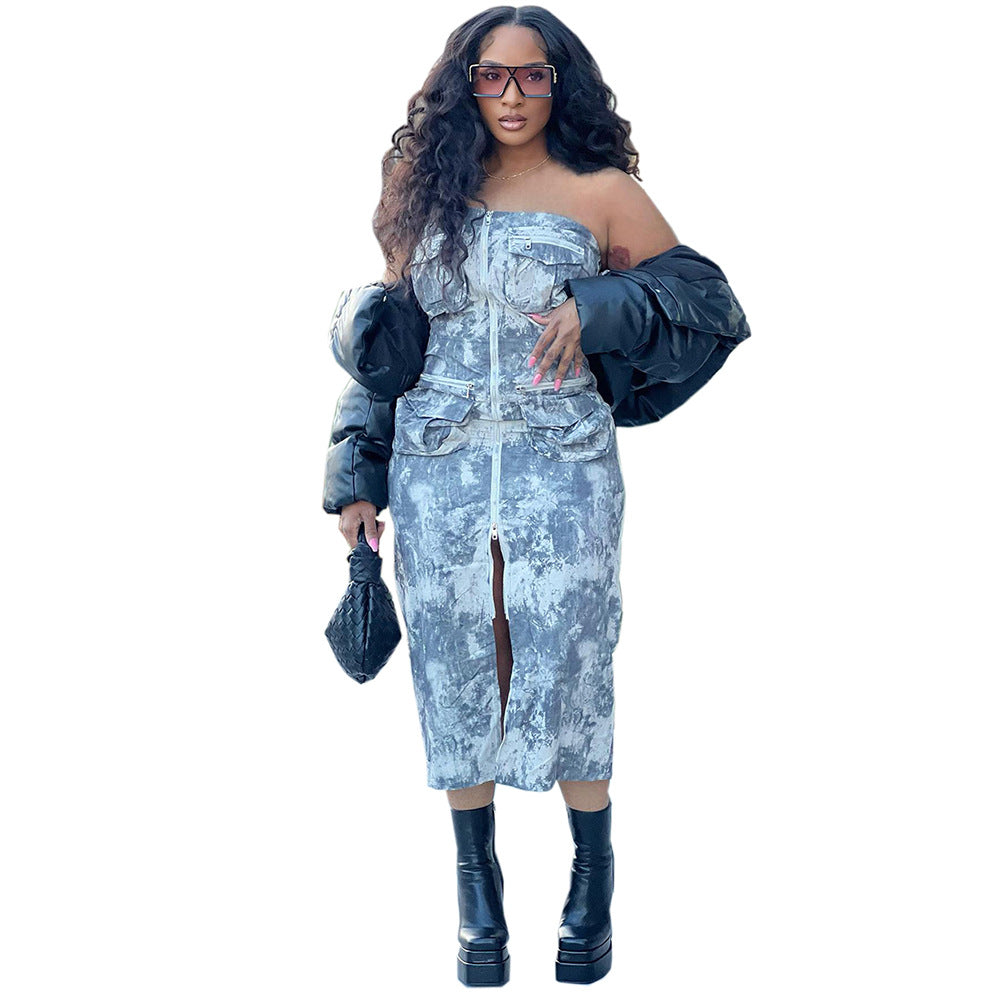 Women Street Sexy Multi-Pocket Strapless Zipper Dress 7