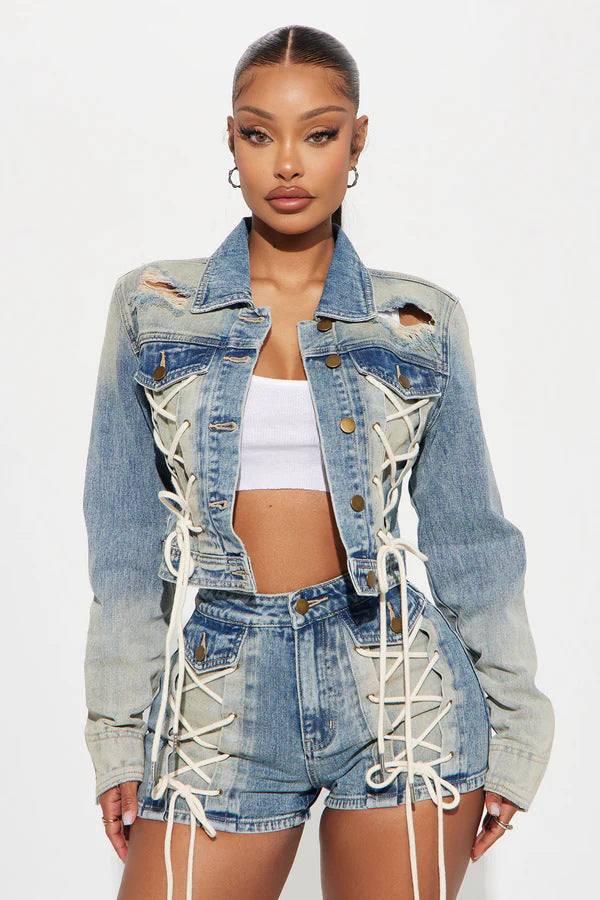 Women Top Jacket and Drawstring Shorts Two-Piece Set