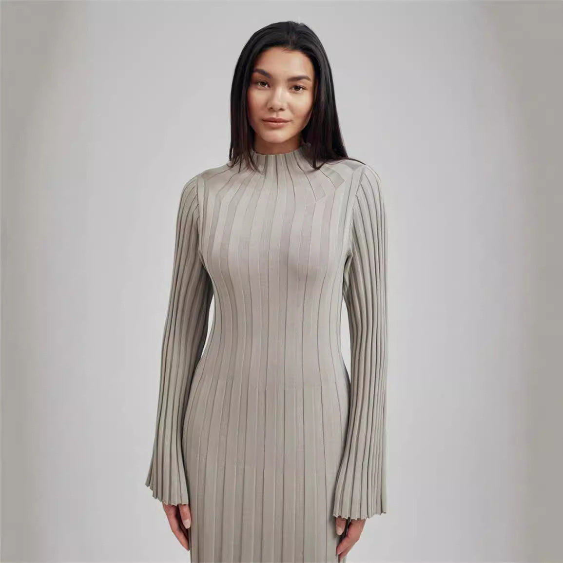 Women Casual Round Neck Wide Ribbed High-neck Knitting Dress 7