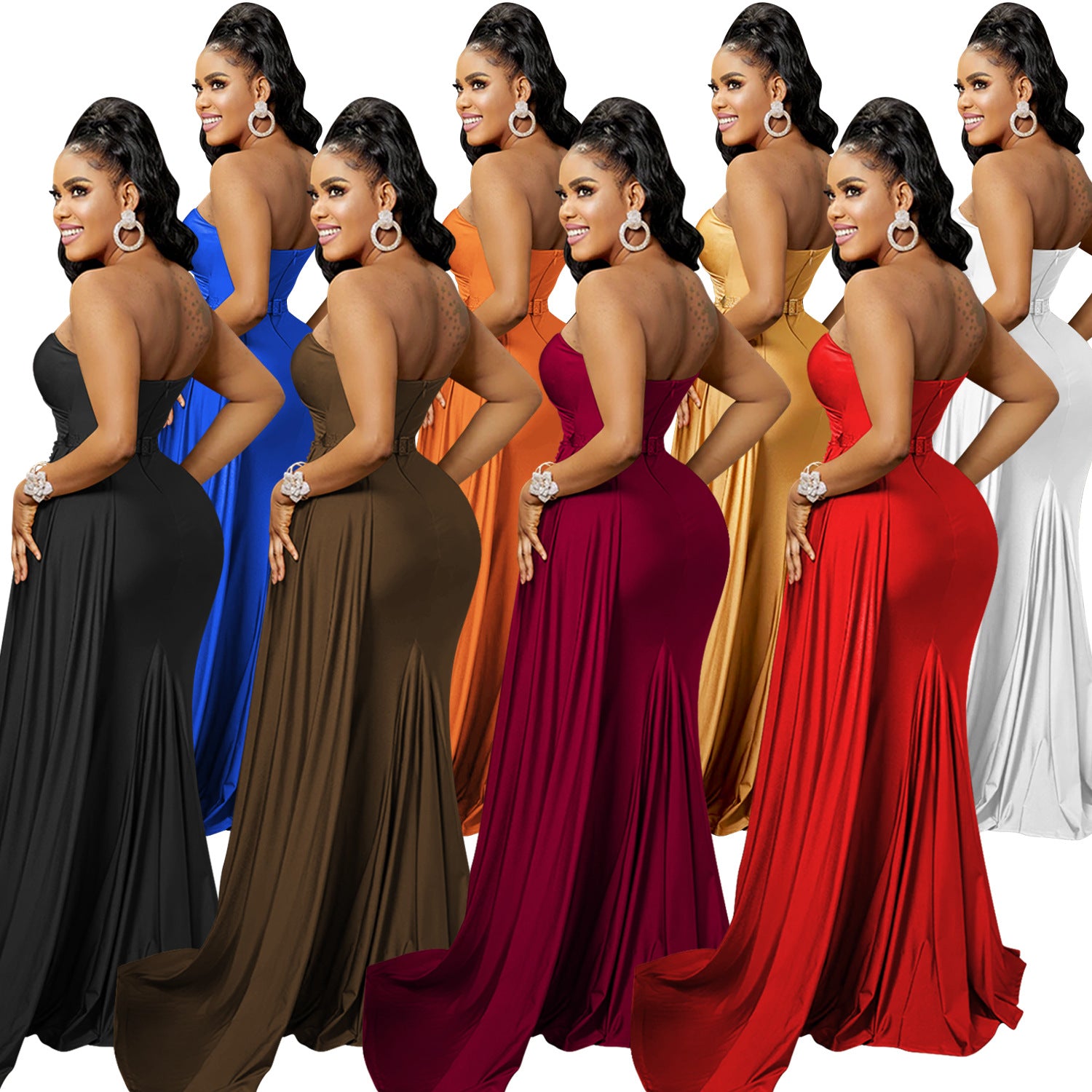 Women Fashion Solid Party One Shoulder Sleeve Dress Long Dress 12