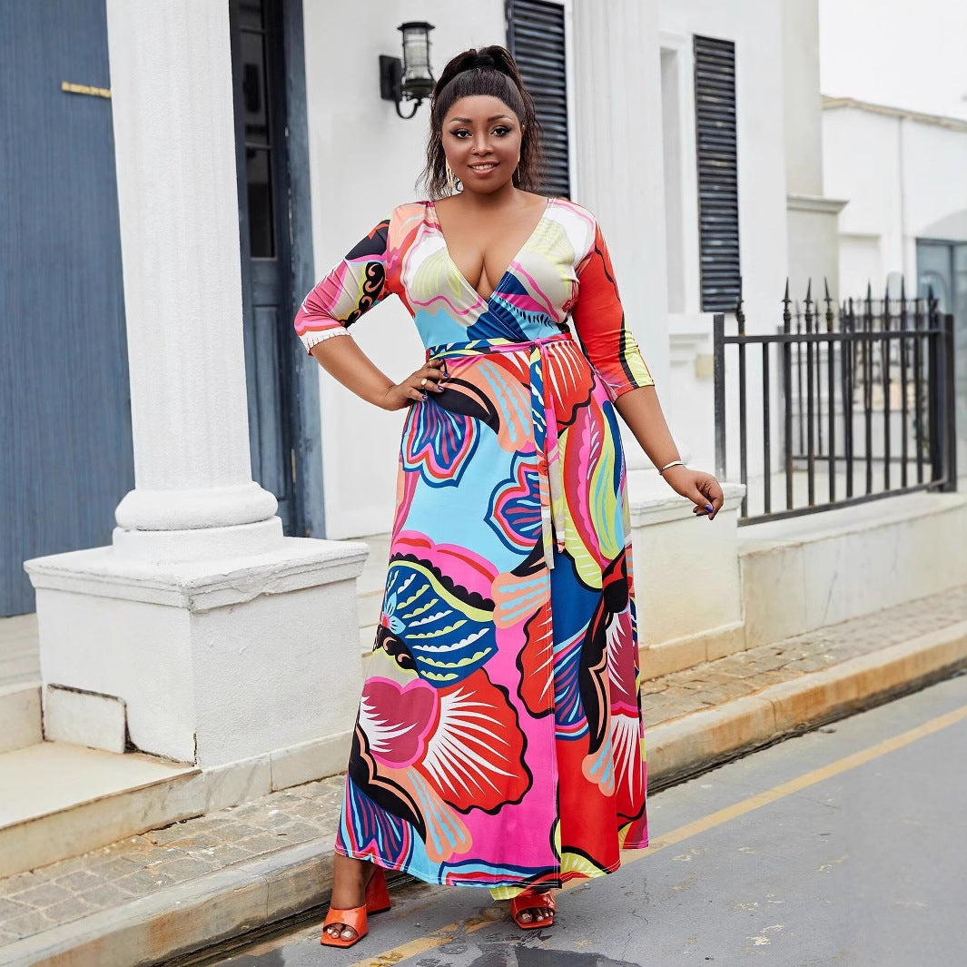 Plus Size Women's V-Neck Half-Sleeve Slit Bohemian Beach Long Dress 6