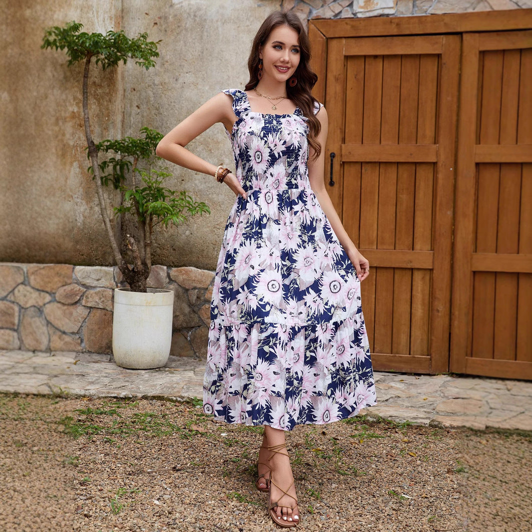 Women Large Flower Ruffle Sleeve Bohemian Beach Holidays Suspender Dress 5