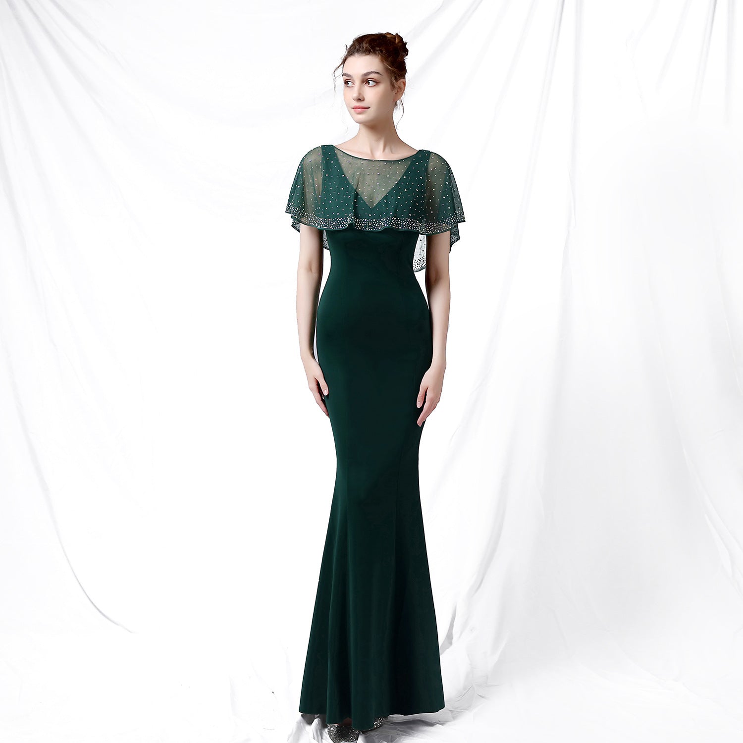 Bride Cape Solid Sleeveless V-Neck Long Mermaid Wedding Evening Dress Two Piece Set 3