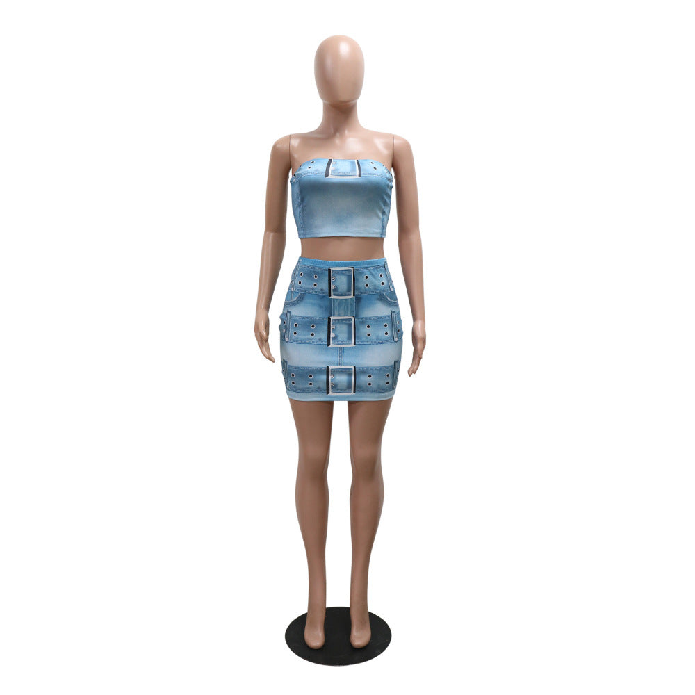 Women Printed Strapless Top and Skirt Sexy Two-piece Set 10