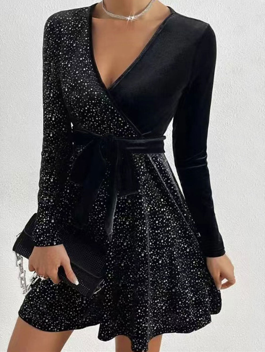 Spring Women's Fashion Elegant Long-Sleeve V-Neck Sequin Dress 5