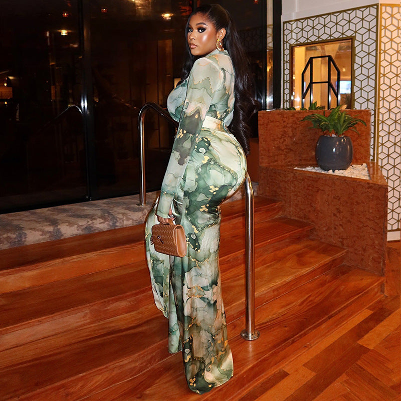 Women Casual Printed Turtleneck Top and Pleated Long Skirt Two-piece Set 5