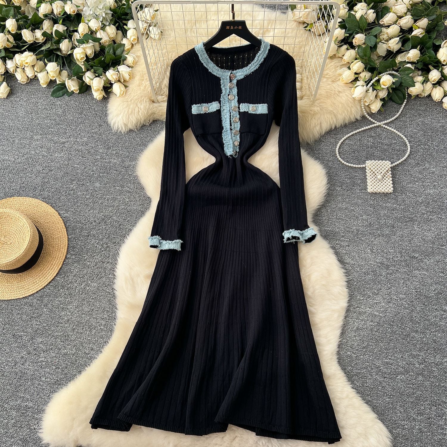 Women Fall/Winter Round Neck Denim Patchwork Long-Sleeved Knitting Dress 6